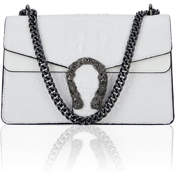 ⚡ Women's Crocodile White Snake Leather Print Casual Satchel Crossbody Handbag - Picture 4 of 7